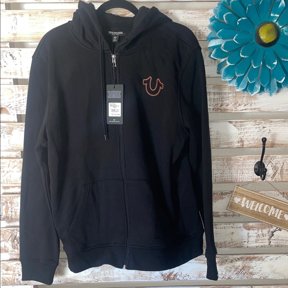 True Religion Black Zip-Up Hoodie with Red Logo Size Large BNWT